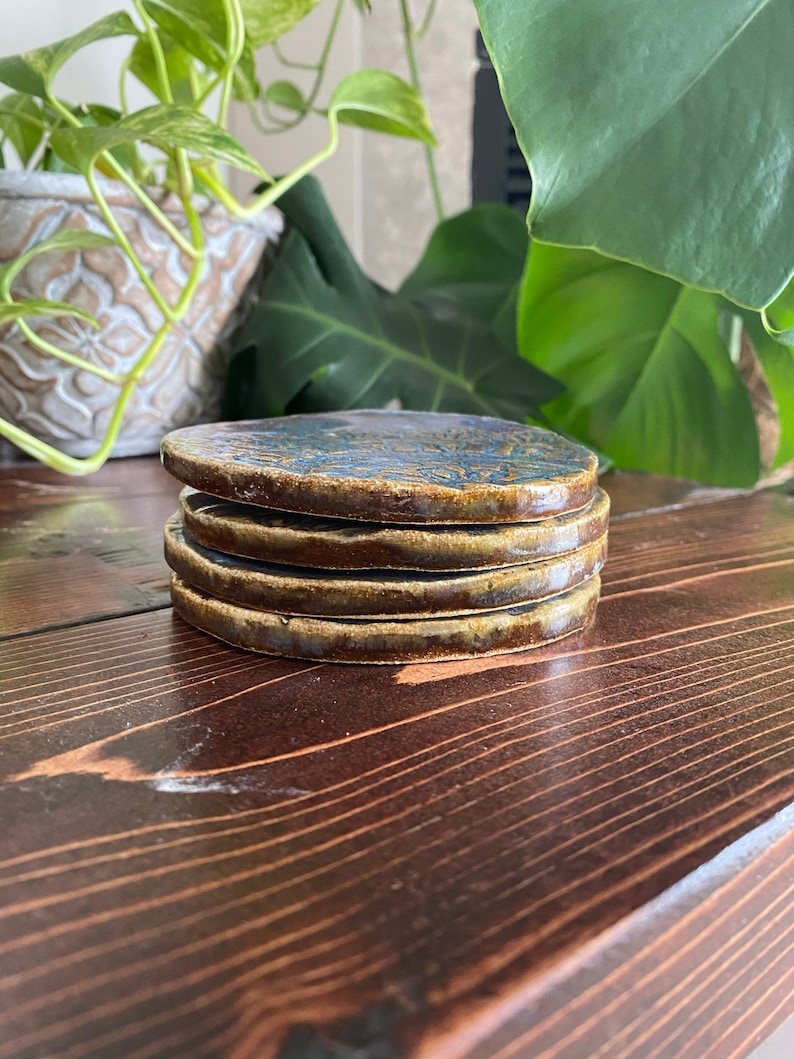 Handmade Set of Four Sandstone or Aegean Blue Ceramic Coasters