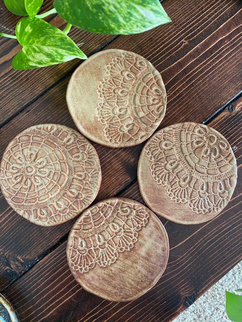 Handmade Set of Four Sandstone or Aegean Blue Ceramic Coasters