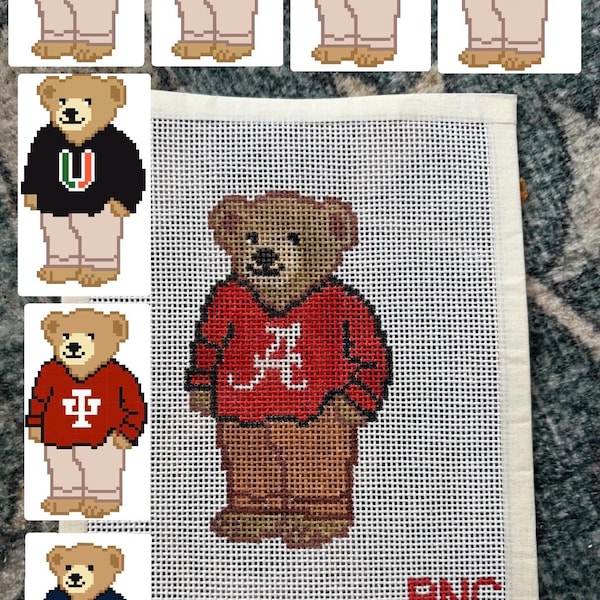 Customizable University Bear Handpainted Needlepoint Canvas 18 Mesh
