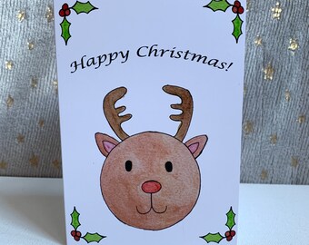 Reindeer Christmas Card, Watercolour Christmas Cards, Handmade Christmas Cards, Individual Card, Cute Xmas Cards, Reindeer Art, Family Cards