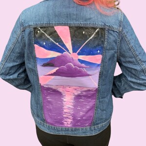 Purple Sunset Custom Denim Jacket, Women's Hand Painted Jacket, Pink Abstract Painting, Customised Jean Jacket Gift, Up-cycled Clothing Gift image 6