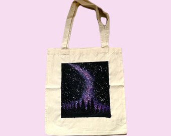 Galaxy Tote Bag, Hand Painted, Acrylic Painting, Pink Galaxy Painting, Customised Gift For Her, Custom Shopping Bag, Eco Friendly Beach Bag