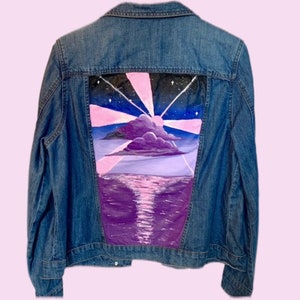 Purple Sunset Custom Denim Jacket, Women's Hand Painted Jacket, Pink Abstract Painting, Customised Jean Jacket Gift, Up-cycled Clothing Gift image 1