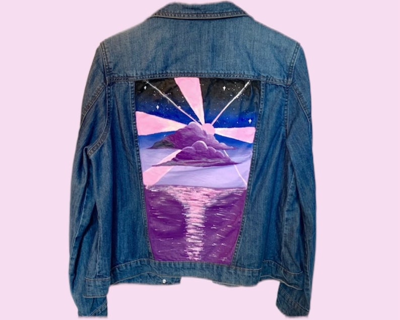 Purple Sunset Custom Denim Jacket, Women's Hand Painted Jacket, Pink Abstract Painting, Customised Jean Jacket Gift, Up-cycled Clothing Gift image 1