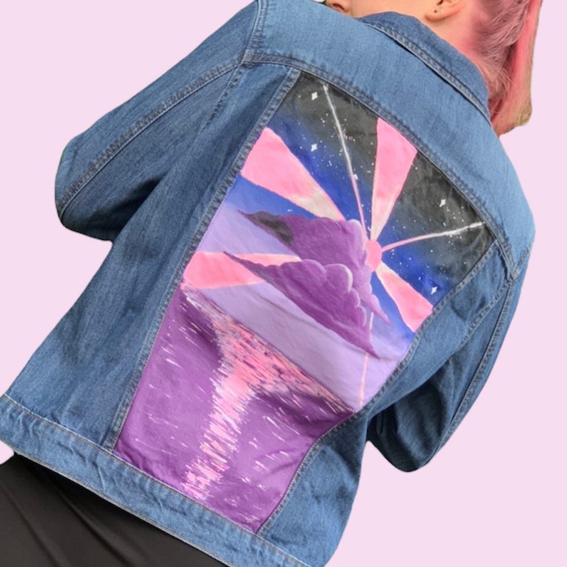 Purple Sunset Custom Denim Jacket, Women's Hand Painted Jacket, Pink Abstract Painting, Customised Jean Jacket Gift, Up-cycled Clothing Gift image 3