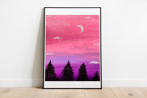 Pink Sunset Art Print, Acrylic Painting, Abstract Print, Landscape Wall  Art, Night Sky Painting, Pink Aesthetic Art Gift, Purple Home Decor 