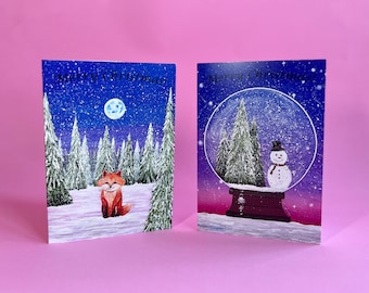 Christmas Card Pack, Xmas Painting Christmas Cards, Christmas Card For Friends, Cute Xmas Card, Christmas Art Cards, Snowman Cards, Fox Art