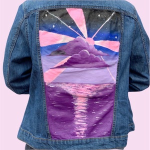 Purple Sunset Custom Denim Jacket, Women's Hand Painted Jacket, Pink Abstract Painting, Customised Jean Jacket Gift, Up-cycled Clothing Gift image 2