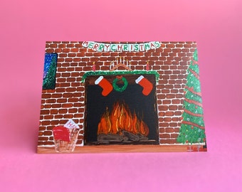 Fireplace Christmas Card, Acrylic Painted Card, Handmade Christmas Card, Individual Xmas Card, Christmas Fireplace Painting, Family Cards