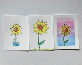 Zonnebloem ansichtkaart, ansichtkaart kunst, zonnebloem schilderij, aquarel schilderij cadeau, bloem kunst aan de muur, handgemaakte ansichtkaart set, leuke home decor