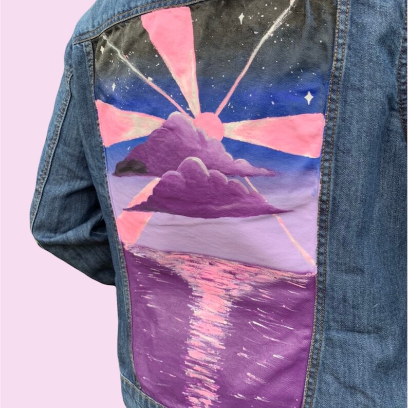 Purple Sunset Custom Denim Jacket, Women's Hand Painted Jacket, Pink Abstract Painting, Customised Jean Jacket Gift, Up-cycled Clothing Gift image 4