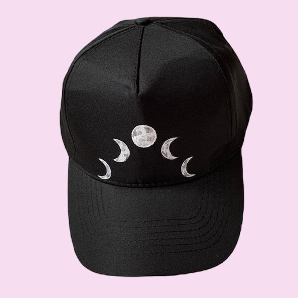 Custom Moon Cap, Moon Phases Acrylic Painting, Hand Painted Baseball Cap, Adult Sun Hat, Black Baseball Hat, Moon Gift For Her, Trucker Hat