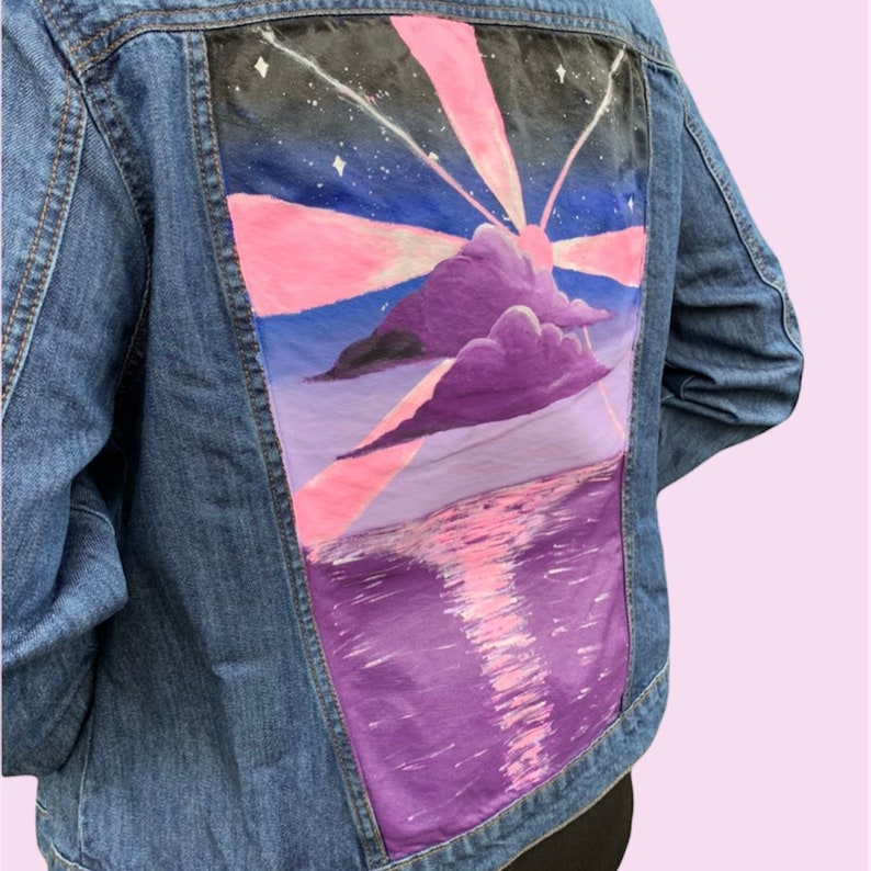 Purple Sunset Custom Denim Jacket, Women's Hand Painted Jacket, Pink Abstract Painting, Customised Jean Jacket Gift, Up-cycled Clothing Gift image 5