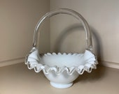Fenton silvercrest milk glass dish with clear ruffled edge and handle