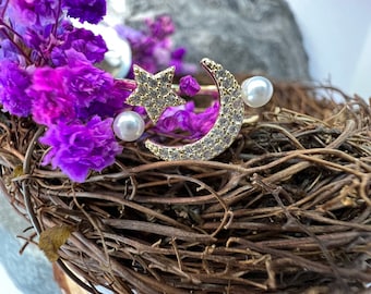 Crescent Moon 18k Gold Plated Ring , Pearls Ring.