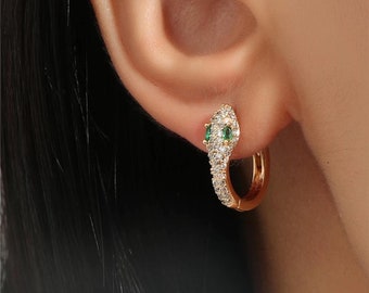 small hoop earrings, 14k gold plated earrings, gold emerald  earrings, dainty hoops