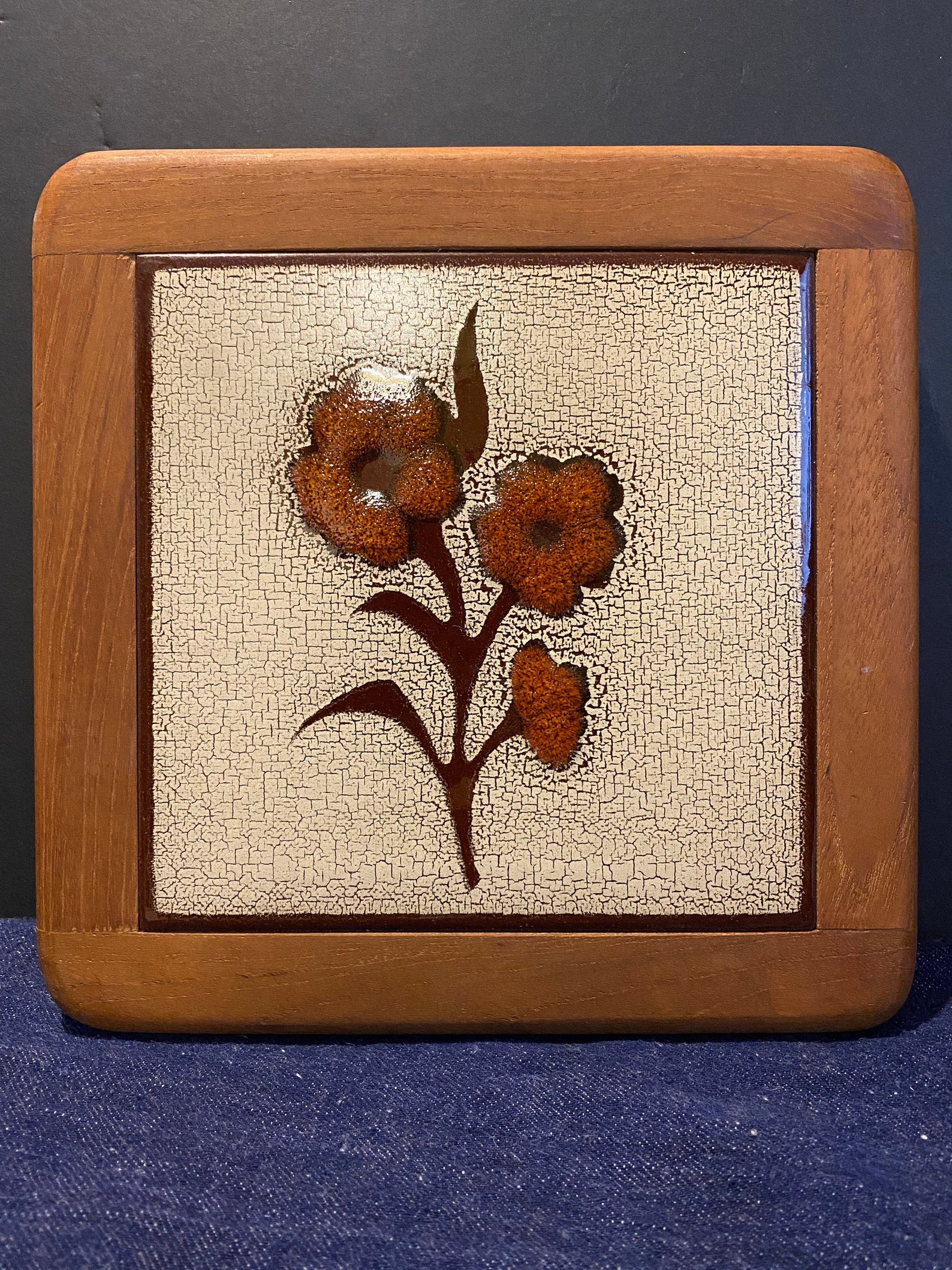 Vintage Ceramic Trivet with Flower Design and Wood Frame Etsy