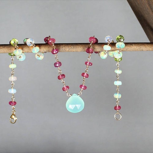Opal Statement Necklace for Women, 14th Anniversary Gift for Wife, pink sapphire bead shops necklace, sister birthday gift, Mom Christmas gift,