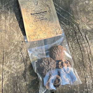 May include: A clear plastic bag filled with dried hickory nut shells. The bag has a label that reads "Herbaria Dried Herbs and Flowers Hickory Nut Shells".