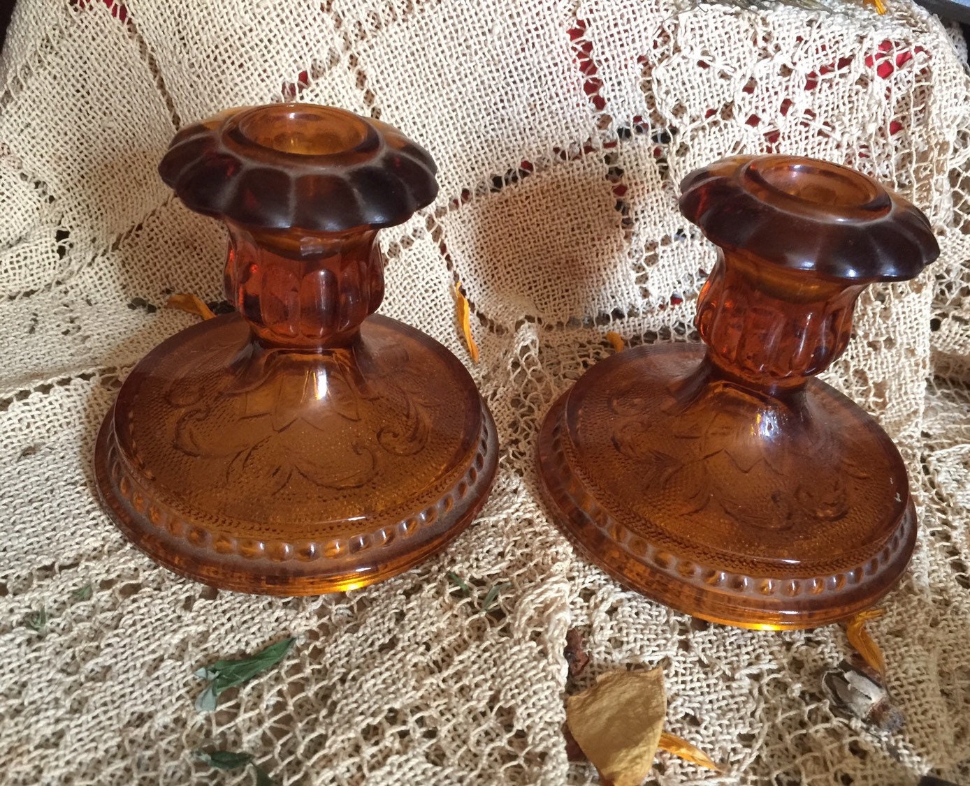 Antique Tiara Indiana Amber Glass Candle Holders Etsy