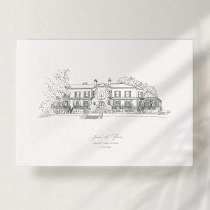 Puede incluir: Dibujo lineal en blanco y negro de una gran casa con porche. El texto dice "Jones and Thomas", "Ashley Park House" y la fecha "12.06.2026". La casa tiene muchas ventanas y está rodeada de árboles.