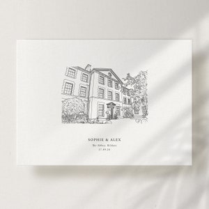 Peut inclure: Un dessin au trait noir et blanc d'un bâtiment avec le texte "Sophie & Alex" "The Abbey, Kildare" "27.09.24" sous l'image.
