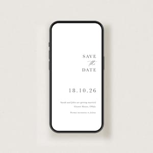 Puede incluir: La pantalla de un teléfono inteligente que muestra un anuncio de guardar la fecha para una boda. El texto dice "Save the Date" con la fecha "18.10.26" debajo. El anuncio también incluye los nombres "Sarah y John" y la ubicación "Gloster House, Offaly".