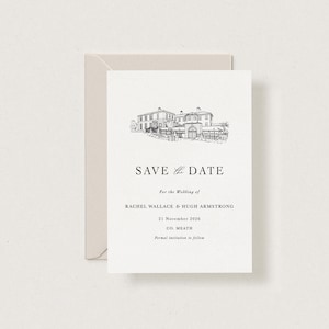 GEDRUKT + VERZONDEN Olijfkleurige Save the Date-kaarten, moderne minimalistische Save the Date-kaarten, locatieillustratie Save Our Date-kaart met gratis enveloppen,