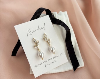 Pearl Leaf Dangle Earrings | 14k Gold/Silver Plated, Cubic Zirconia, Bridesmaid Gift