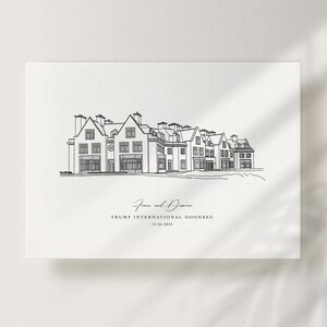 May include: A black and white line drawing of a large building with the text "Fiona and Damien TRUMP INTERNATIONAL DOONBEG 12.06.2023" below.