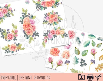 Printable Flower Stickers | PNG Sticker Sheets | Watercolor Rose Stickers | Digital Planner Stickers | Digital Stickers