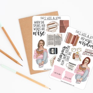 Bible Journaling Stickers | She’s Wise and Kind Sticker Sheets | Proverbs 31:26 Stickers | Stickers for Bible Journaling