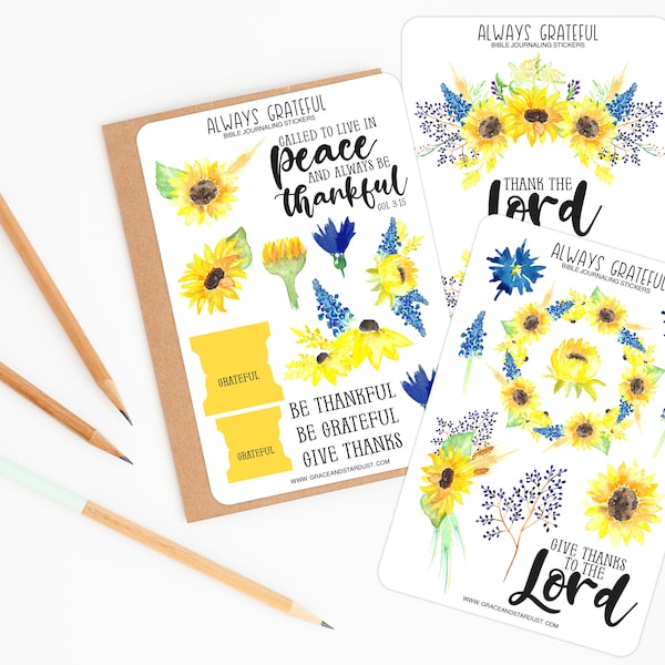 Bible Journaling Stickers | Always Grateful Sticker Sheets | Sunflower Stickers | Stickers for Bible Journaling