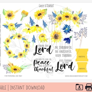 Bible Journaling Printable | Bible Stickers | Always Grateful Stickers | Bible Journaling Stickers | Digital Stickers | Sunflower Stickers