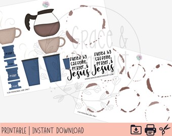 Bible Journaling Stickers |  Printable Sticker Sheets | Coffee and Jesus | Philippians 4:13 | Bible Verse Stickers