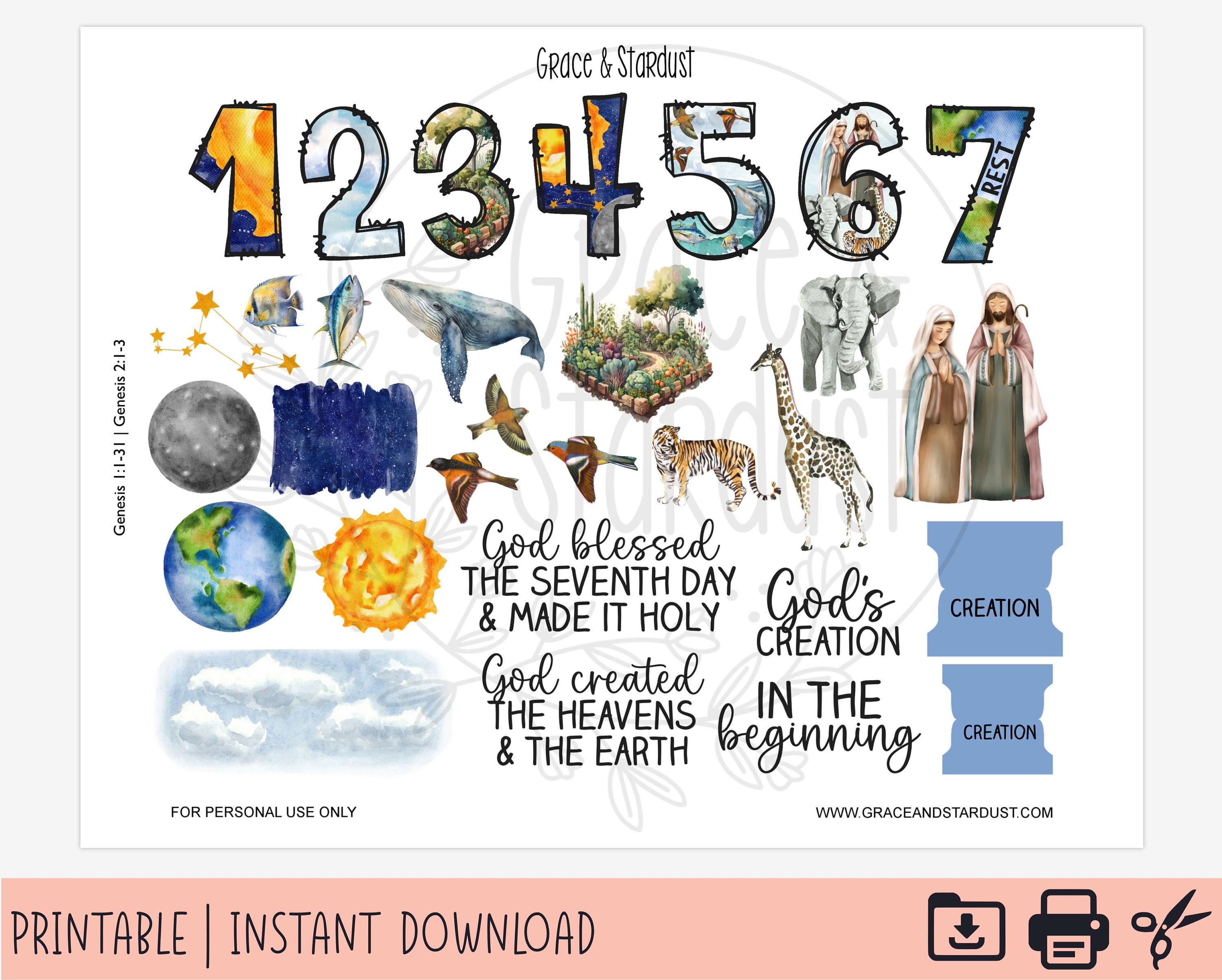 Bible Journaling Printable Stickers | God’s Creation Stickers | In the Beginning Stickers | Bible Journaling Stickers | Genesis 1 Stickers