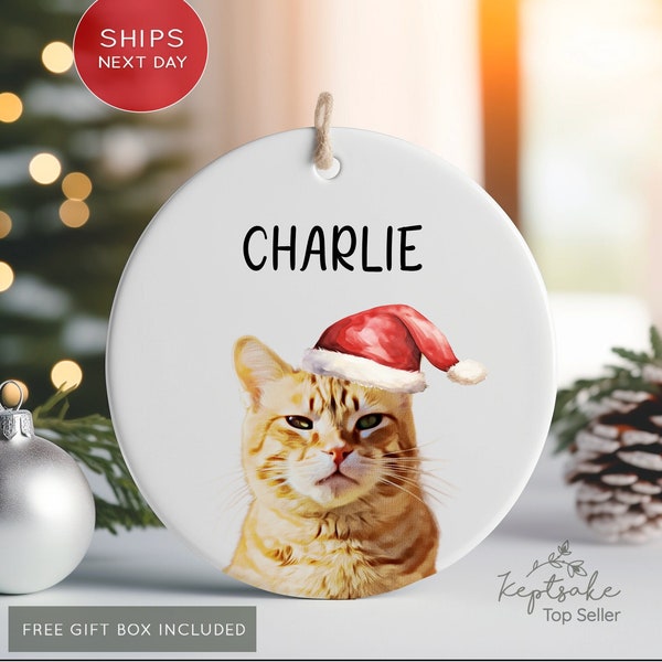 Personalized Cat Ornament Using Pet's Photo + Name - Custom Cat Ornament - Personalized Cat Christmas Ornament with Red Hat