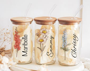 Personalized Birth Flower Glass Tumbler - Custom Birth Flower Gift for Bridesmaid - Bridesmaid Proposal Gift - Birth Flower Wedding Gift