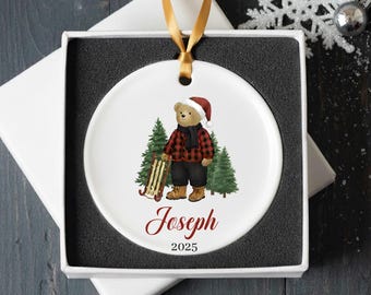 Classic Plaid Bear Ornament | Boy Christmas Ornament | Personalized Name Ornament | Son Gift | Bear Keepsake