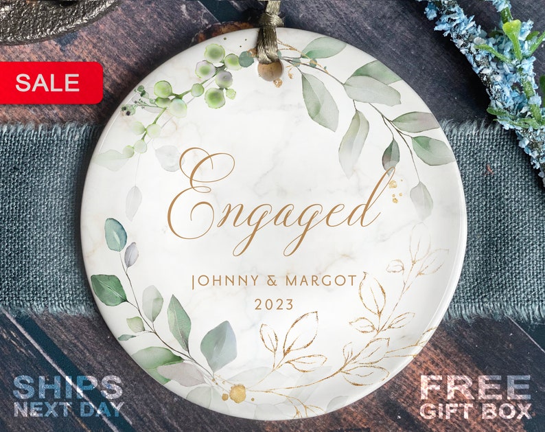 Engaged Christmas Ornament Custom Engagement Keepsake Personalized First Christmas Engaged Classic Engaged Ceramic Ornament Round (3 inch)