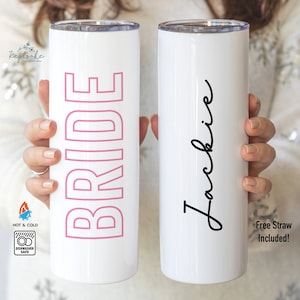 Personalized Bride Skinny Tumbler with Straw - Wedding Party Favor - Girls Bachelorette Cup - Custom Bride Gift - Bridal Shower Party Favor