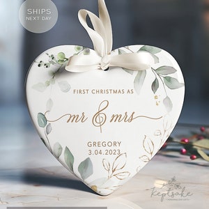 Mr and Mrs Christmas Ornament First Christmas Married Ornament Our First Christmas Married as Mr and Mrs Ornament Personalized Heart (3 inch)