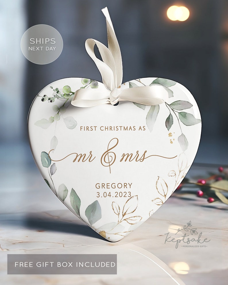 Mr and Mrs Christmas Ornament First Christmas Married Ornament Our First Christmas Married as Mr and Mrs Ornament Personalized Heart (3 inch)