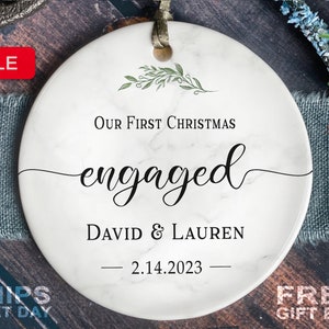 Engaged Christmas Ornament - Custom Greenery Engagement Keepsake - Personalized First Christmas Engaged - Classic Engaged Ornament