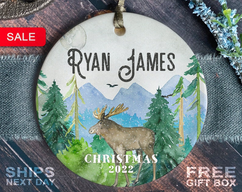 Kids Christmas Ornament Moose - Personalized First Christmas Deer Ornament - Custom Baby Name Christmas Ornament 