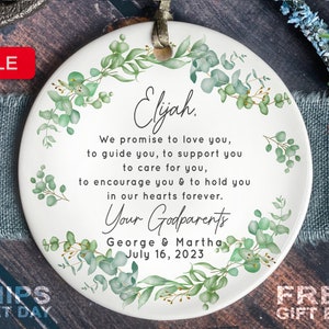 Personalized Godparents Ornament - Godparents Keepsake - Christening Baptism Ornament Keepsake in Green Floral Wreath