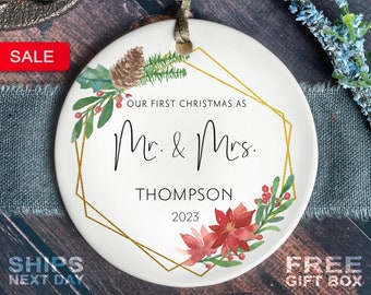 First Christmas Married Ornament - Custom First Christmas as Mr. & Mrs. Keepsake - Personalized Married Christmas Wreath Ornament