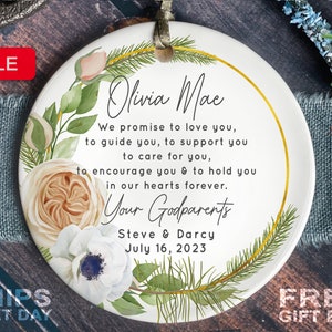 Personalized Godparents Ornament - Godparents Keepsake - Christening Baptism Ornament Keepsake in Floral Wreath