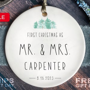 Mr and Mrs Christmas Ornament - Custom Modern First Christmas Married as Mr and Mrs Ornament - Personalized- Modern Slim Lettering