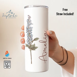 Personalized Birth Flower Skinny Tumbler W/ Name - Custom Colored Birth Flower Gift - Bridesmaid Proposal - Gift for Her - Birth Flower Gift